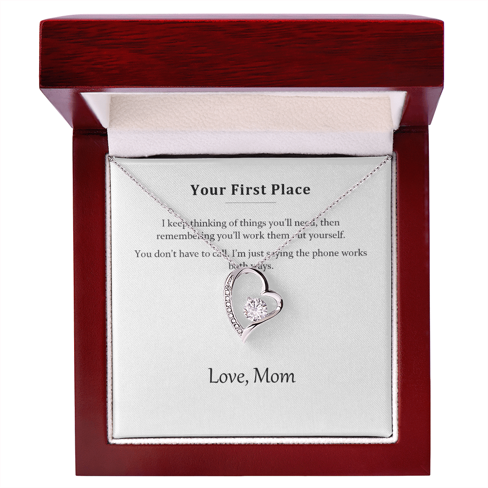 Silver heart necklace and message card in the mahogany-style luxury gift box