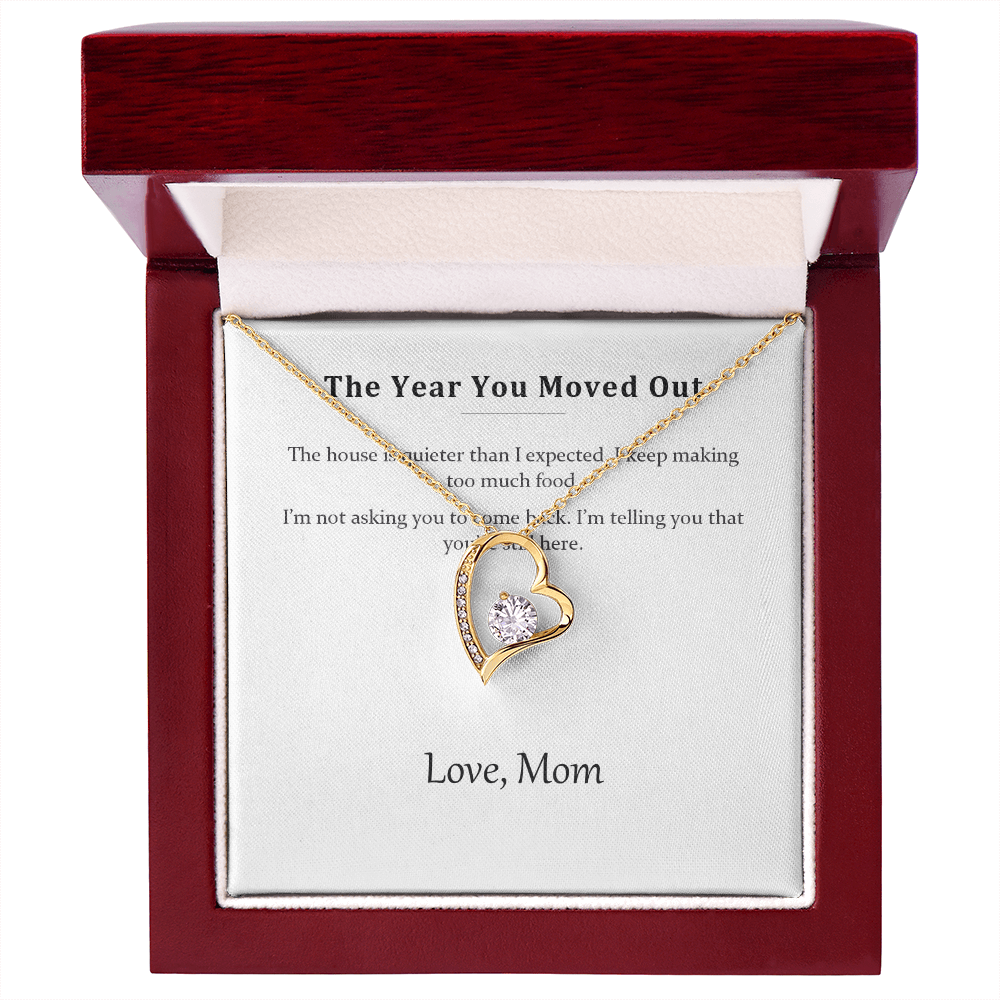Gold heart necklace and message card in the mahogany-style luxury gift box