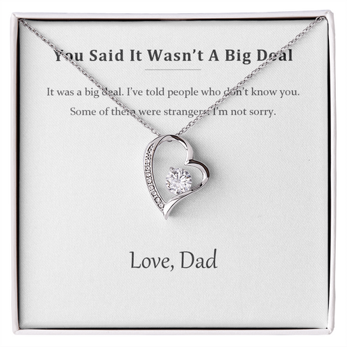 Silver heart pendant necklace on a printed message card reading You Said It Wasn't A Big Deal, in a white gift box