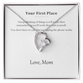 Silver heart pendant necklace on a printed message card reading Your First Place, in a white gift box