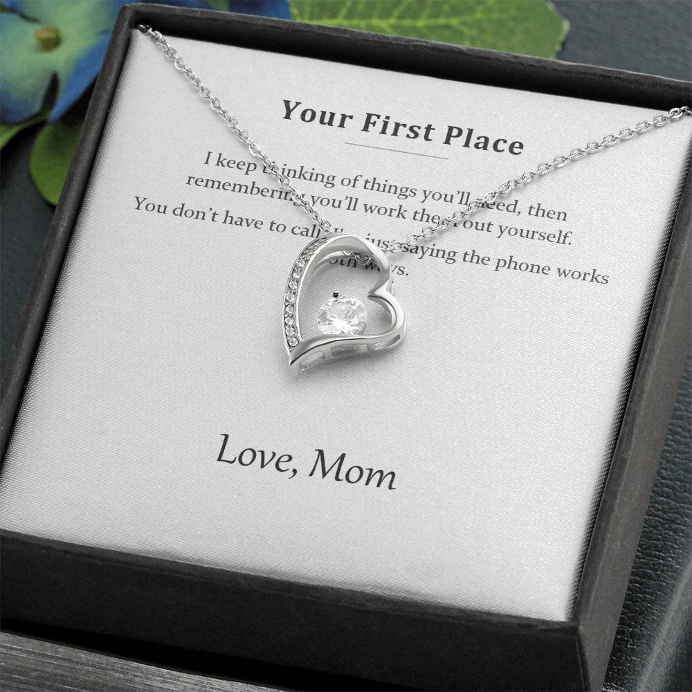 Silver heart necklace on the message card in a black gift box, styled with foliage