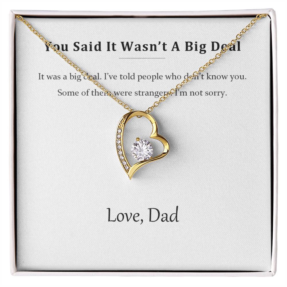 Gold heart pendant necklace on the You Said It Wasn't A Big Deal message card in a white gift box