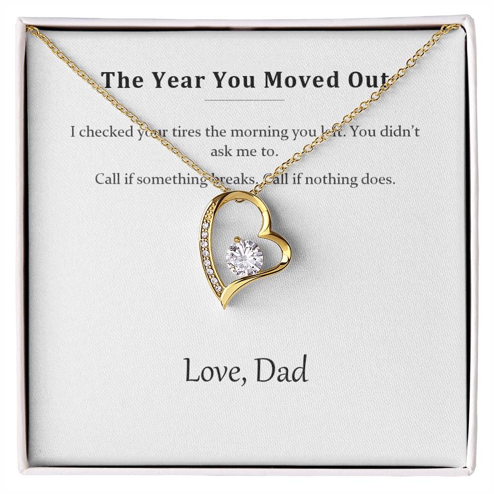 Gold heart pendant necklace on the From Dad message card in a white gift box