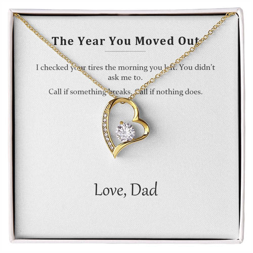 Gold heart pendant necklace on the From Dad message card in a white gift box